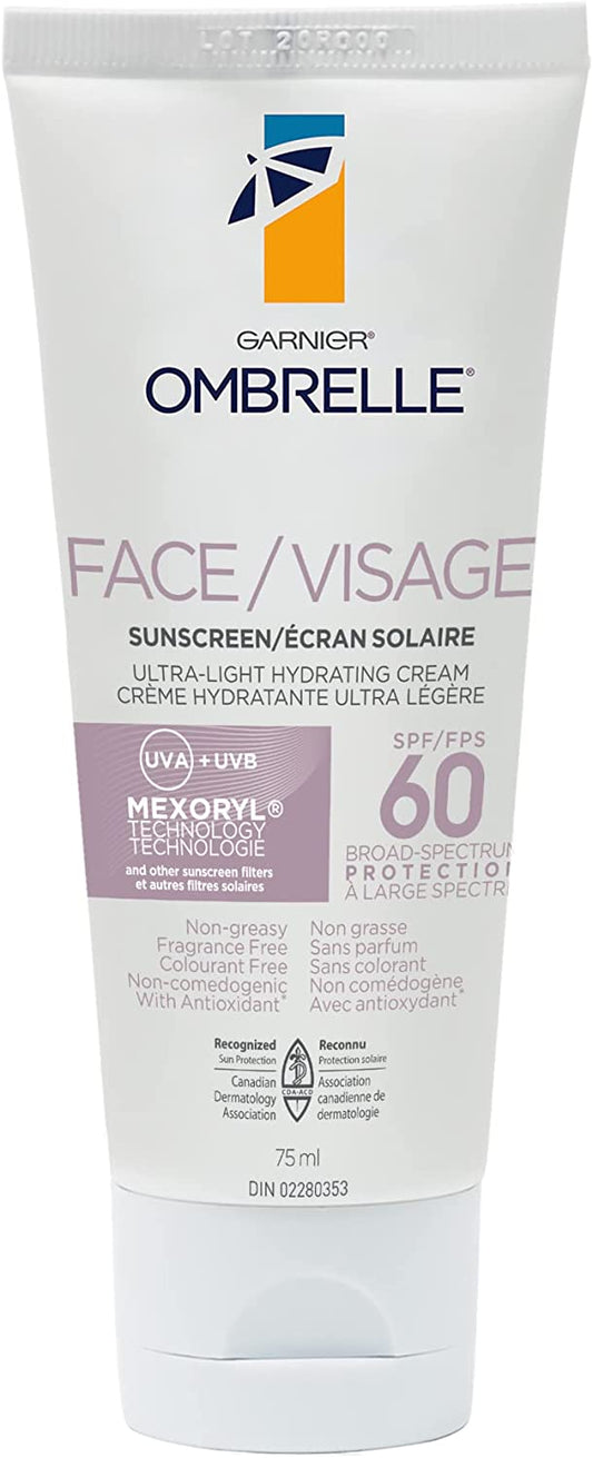 Garnier Ombrelle Sunscreen Ultra-Light Face Cream with Antioxidant, SPF 60, UVA UVB, 75 mL