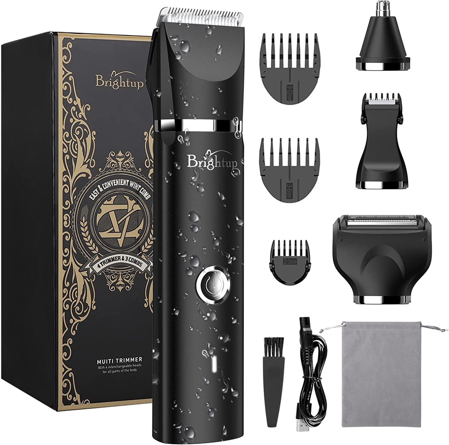 Brightup Body Hair Trimmer for Men, IPX7 Waterproof Wet / Dry Pubic Ball Nose Hair Facial Shaver with LED Light, Electric Razor for Men with 4 Replaceable Blade Heads & Storage Bag, Gifts for Men