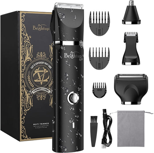 Brightup Body Hair Trimmer for Men, IPX7 Waterproof Wet / Dry Pubic Ball Nose Hair Facial Shaver with LED Light, Electric Razor for Men with 4 Replaceable Blade Heads & Storage Bag, Gifts for Men